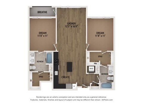 Floor plan for 2 beds, 2 baths, 1012 sqft